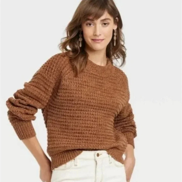 Crocheted Open Knit dropped shoulder Cropped sweater Size Large Brown - Picture 4 of 10